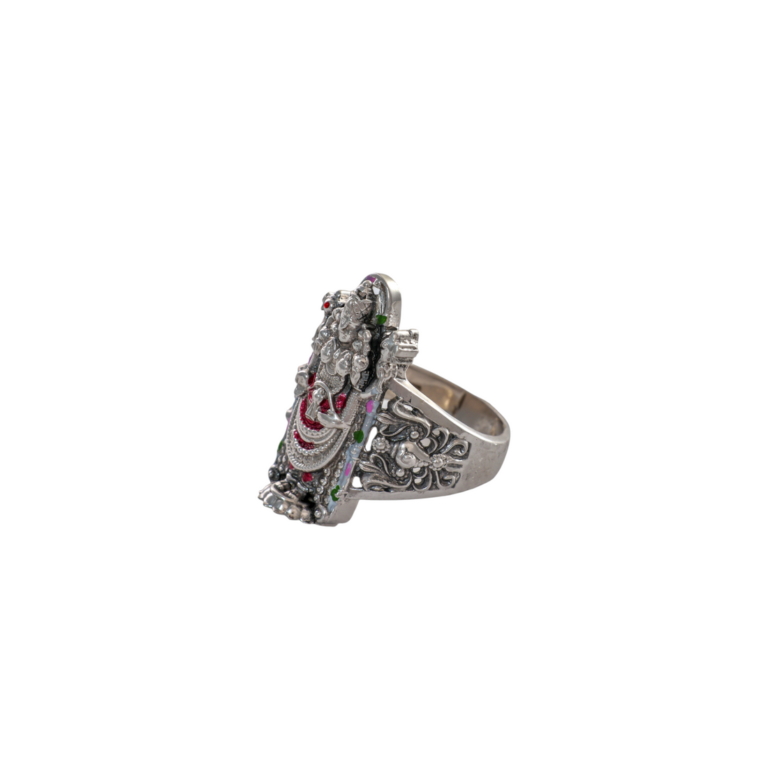 Intricately detailed silver ring portraying Goddess Lakshmi with enamel color highlights.