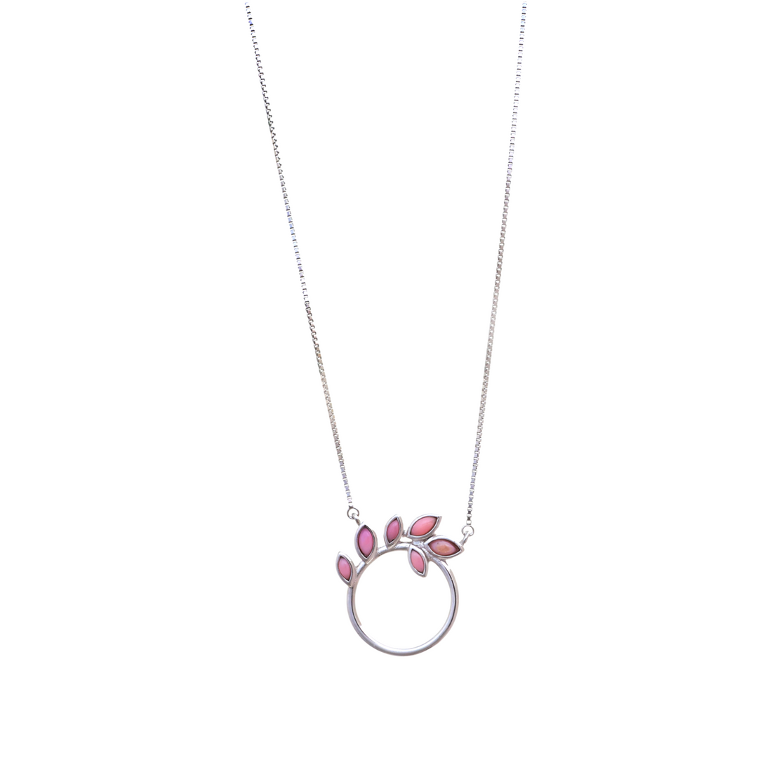 A silver chain necklace featuring a circular pendant decorated with pink leaf-shaped stones along the top arc.