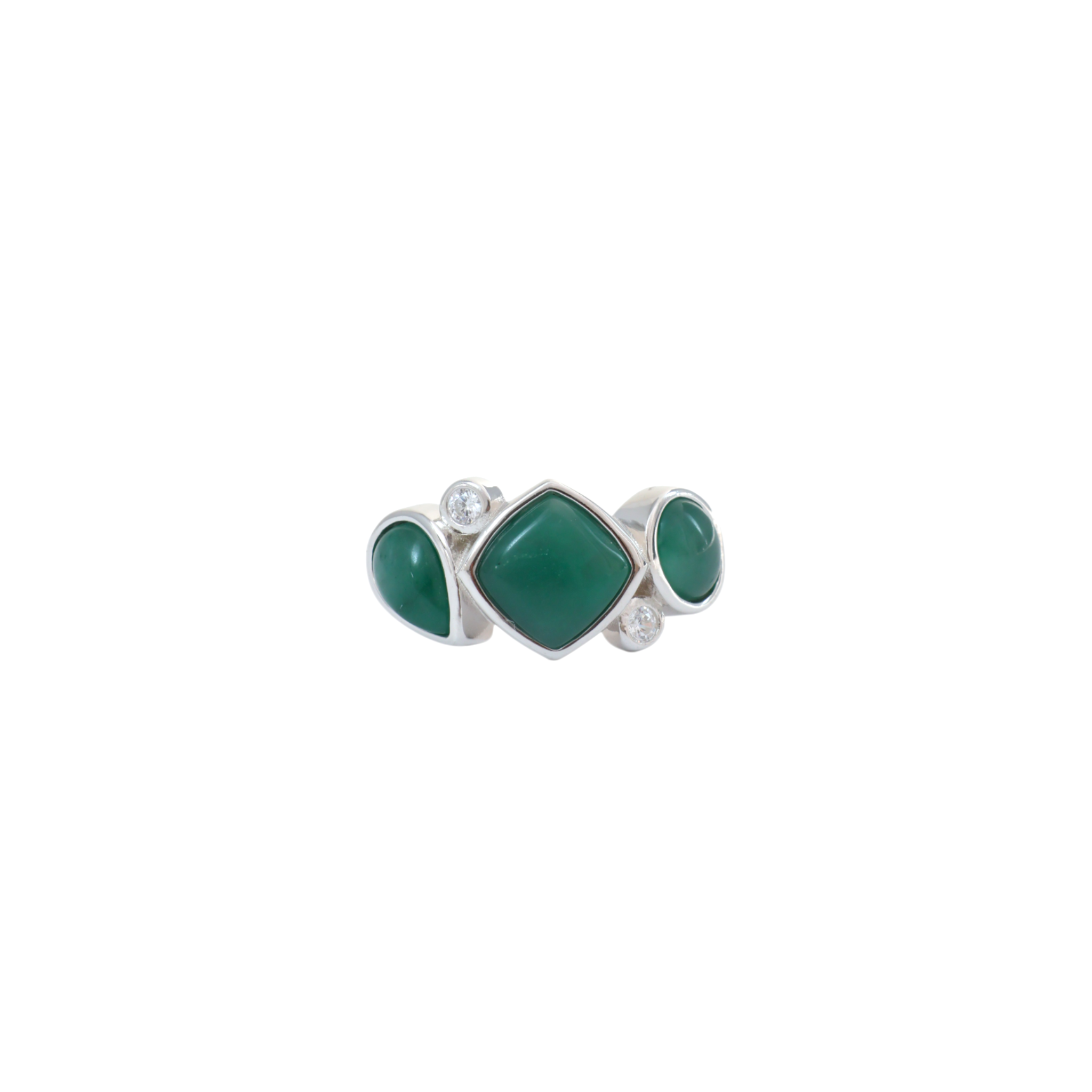 Three smooth green jade cabochons set horizontally in a sterling silver bezel band.