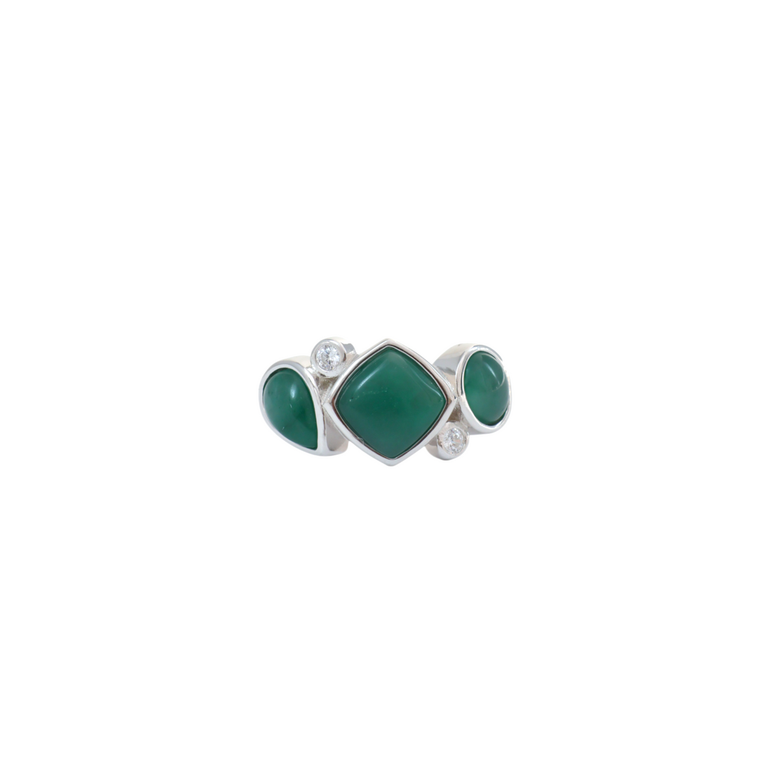 Three smooth green jade cabochons set horizontally in a sterling silver bezel band.