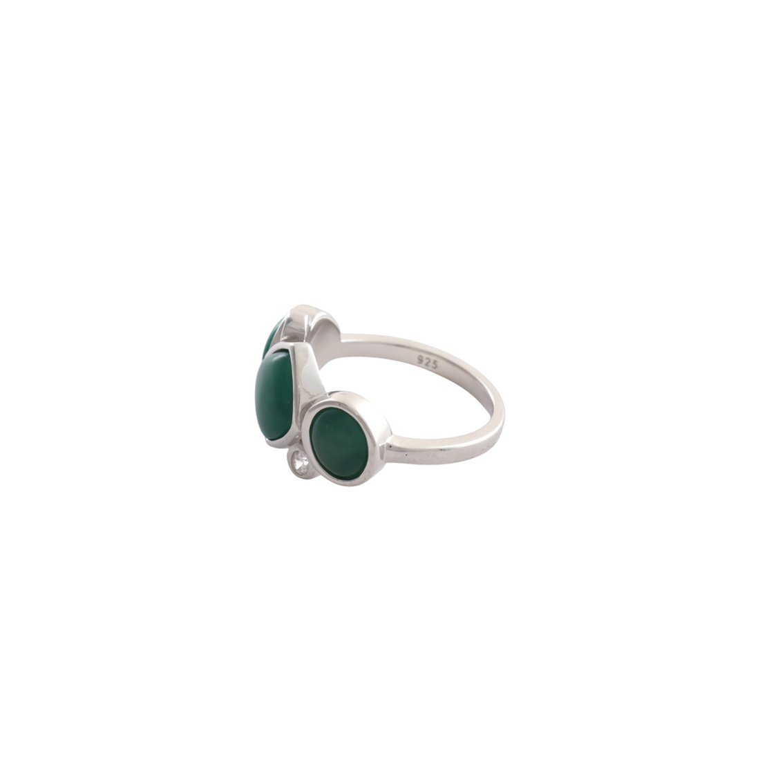Three smooth green jade cabochons set horizontally in a sterling silver bezel band.