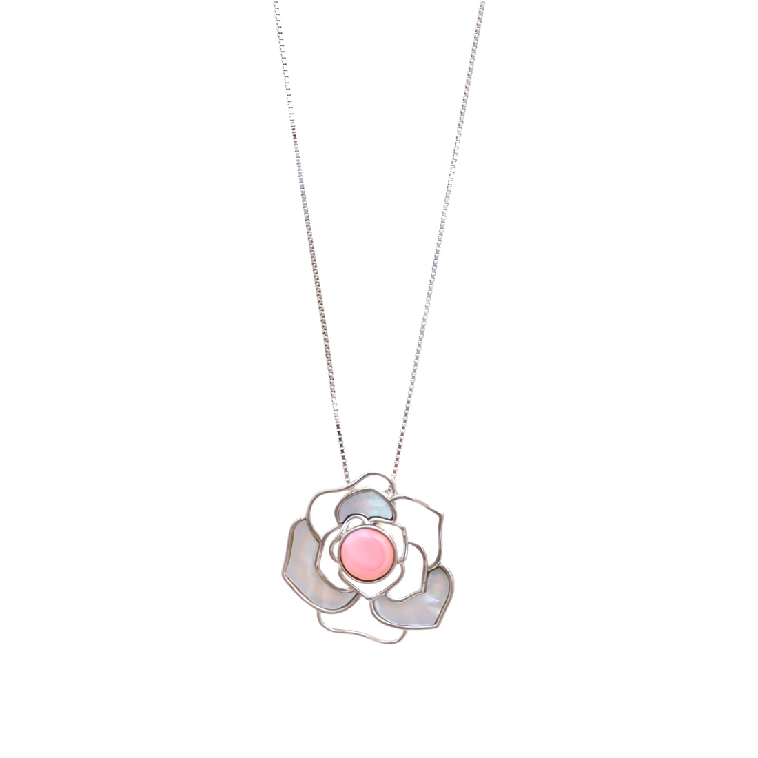 A fine silver box chain necklace hanging with a stylized flower pendant featuring iridescent mother-of-pearl petals and a smooth pink cabochon center stone.