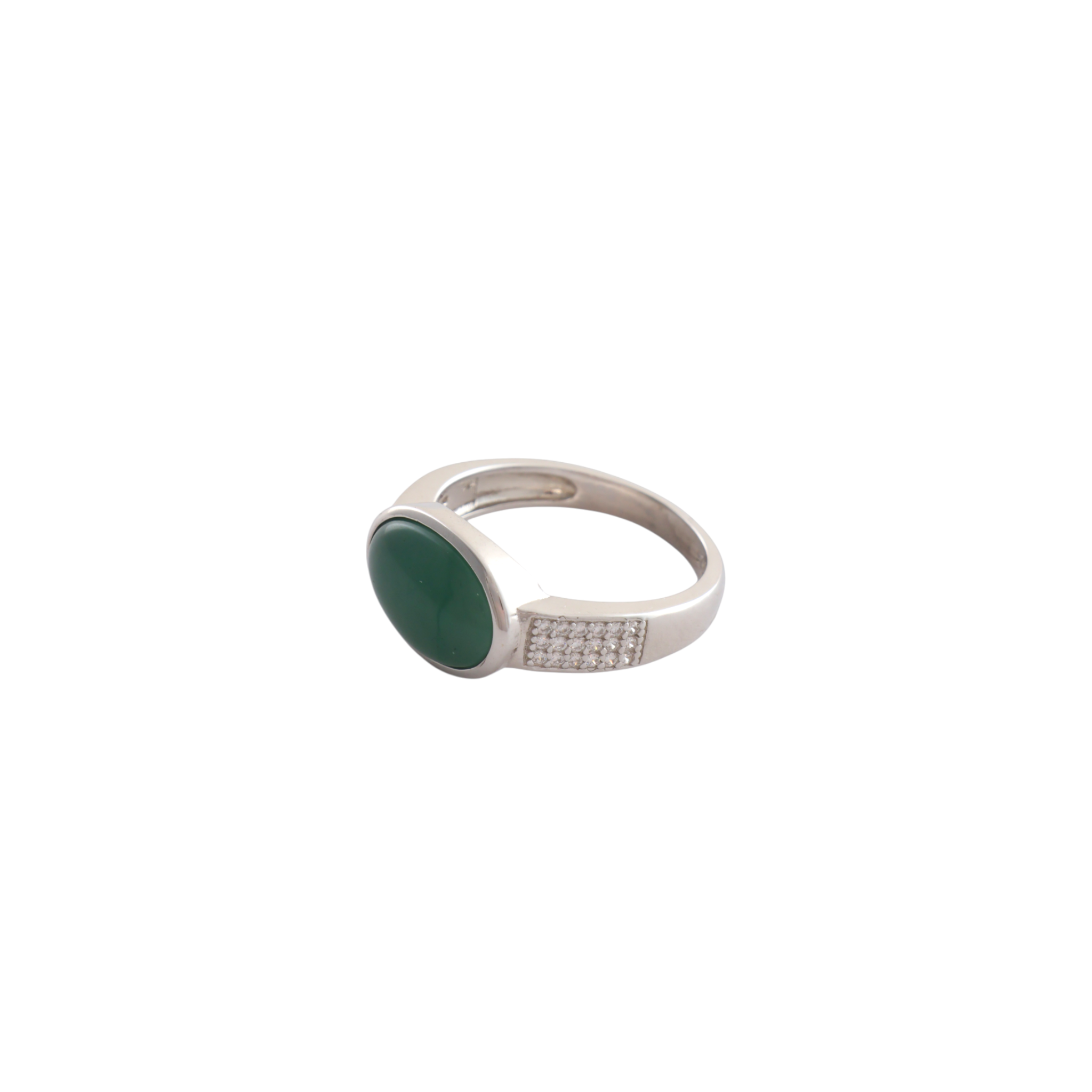 Smooth oval jade green cabochon held in a bezel frame with multi row pave cz shoulders.