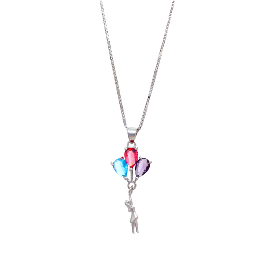 A silver box chain necklace featuring a pendant shaped like a figure holding three teardrop-shaped gemstones in blue, red, and purple.