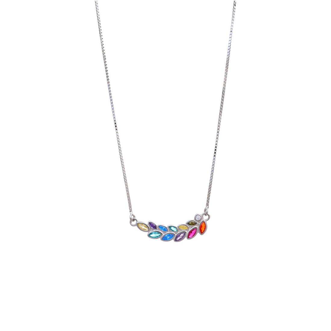 A silver box chain necklace featuring a curved leaf pendant set with multi-colored marquise-cut gemstones.
