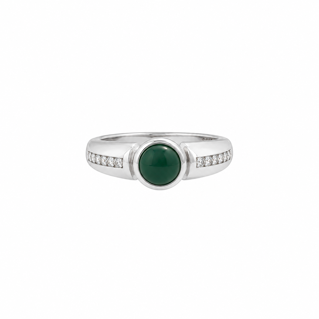 Dark green round jade cabochon mounted on a wide silver band with pave set cz channels.