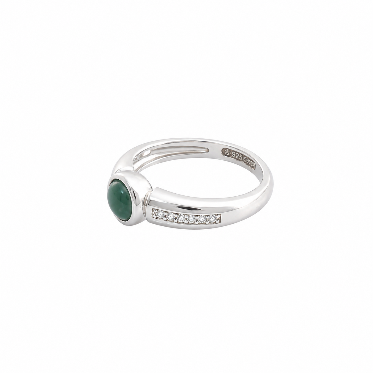Dark green round jade cabochon mounted on a wide silver band with pave set cz channels.