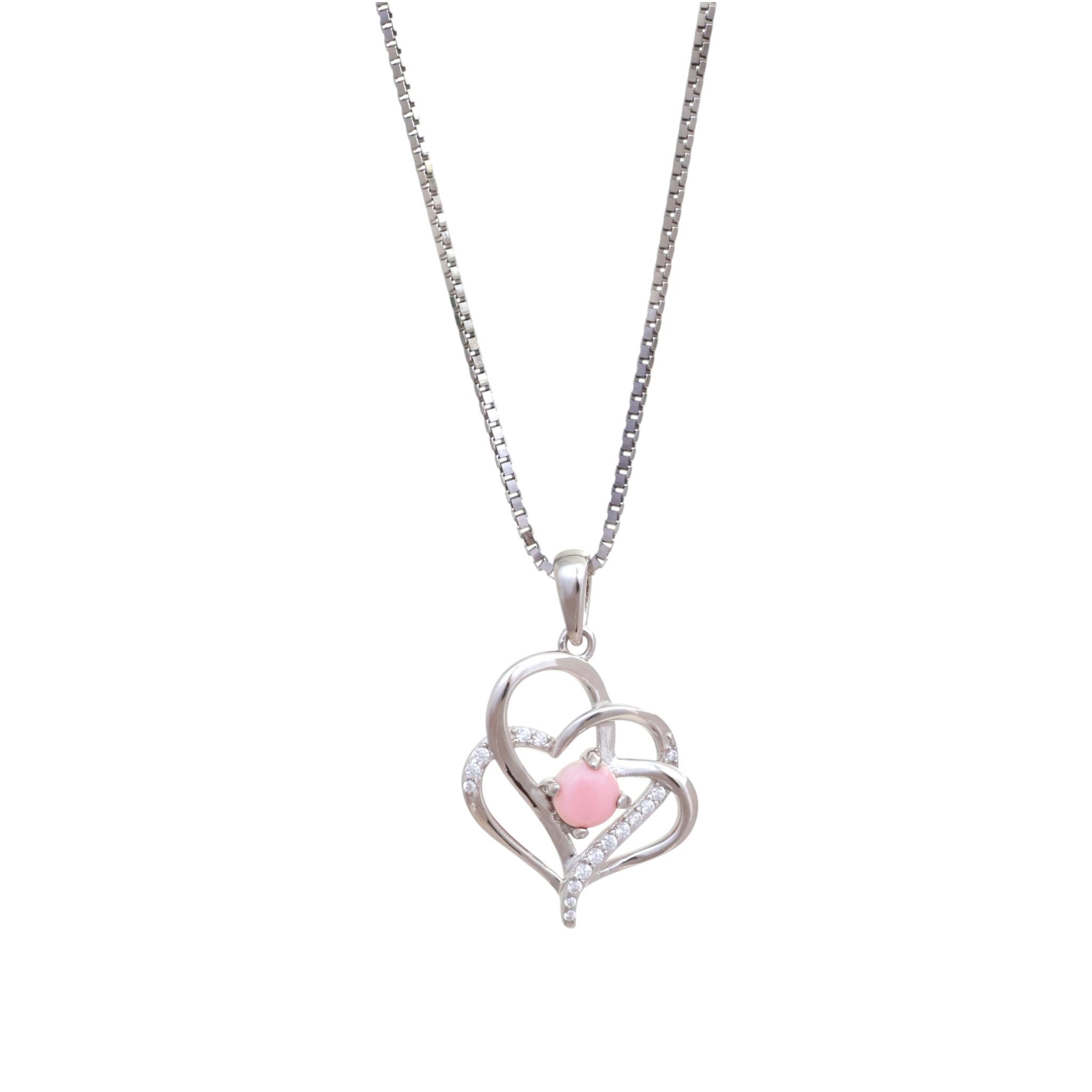 A silver box chain necklace holding an intertwined heart pendant set with a round pink center stone and clear crystal accents.