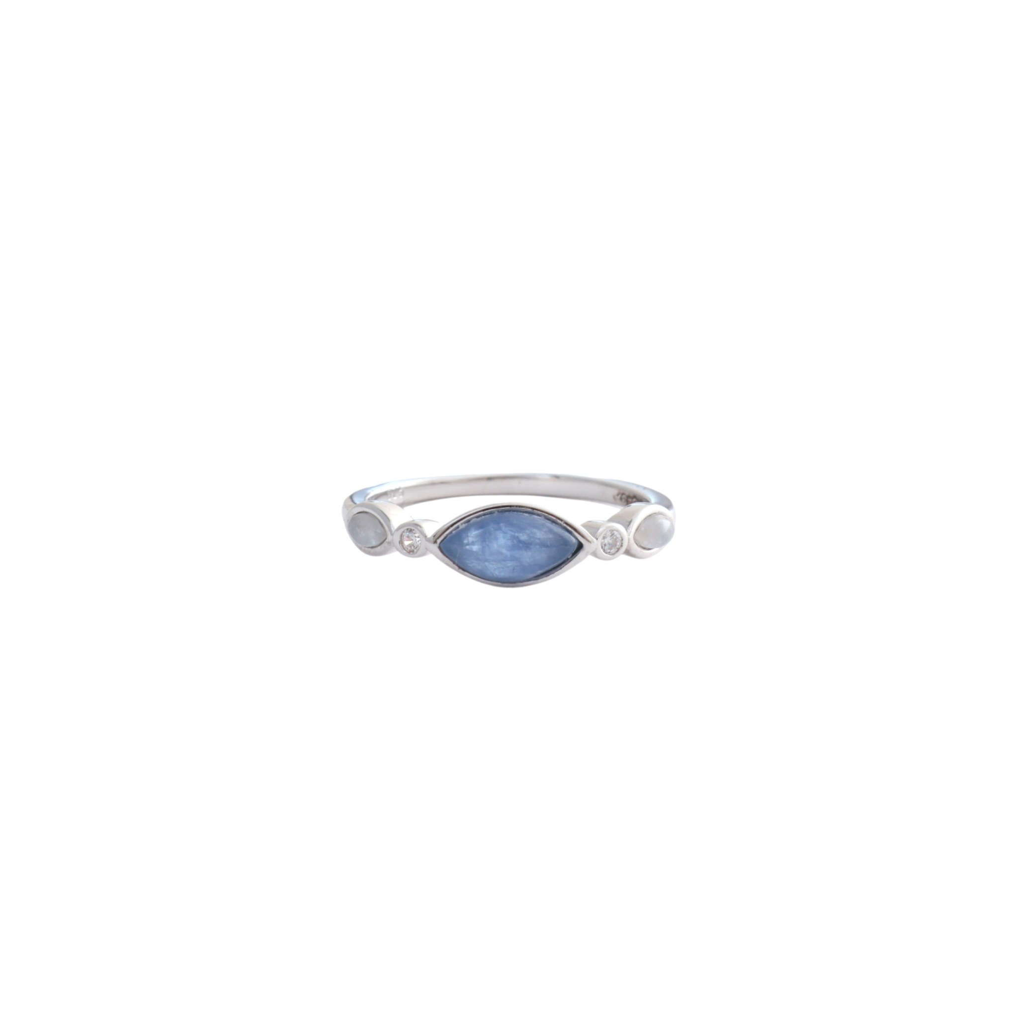 Marquise cut natural blue kyanite stone centered on a slim sterling silver bezel band.