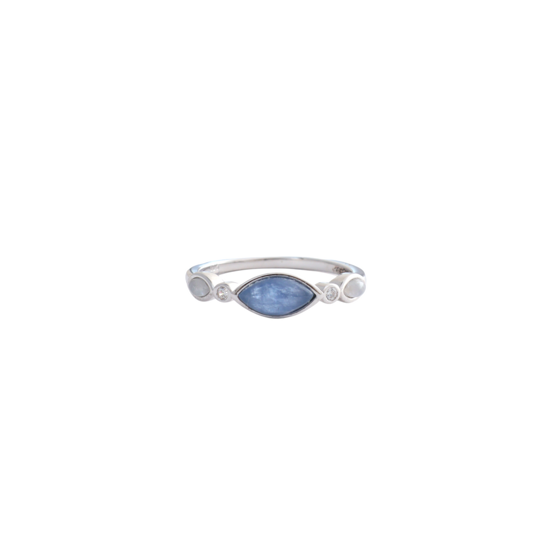 Marquise cut natural blue kyanite stone centered on a slim sterling silver bezel band.