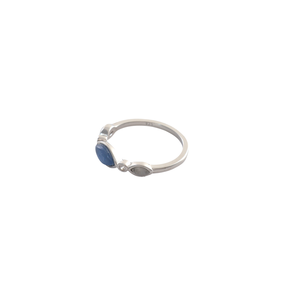 Marquise cut natural blue kyanite stone centered on a slim sterling silver bezel band.