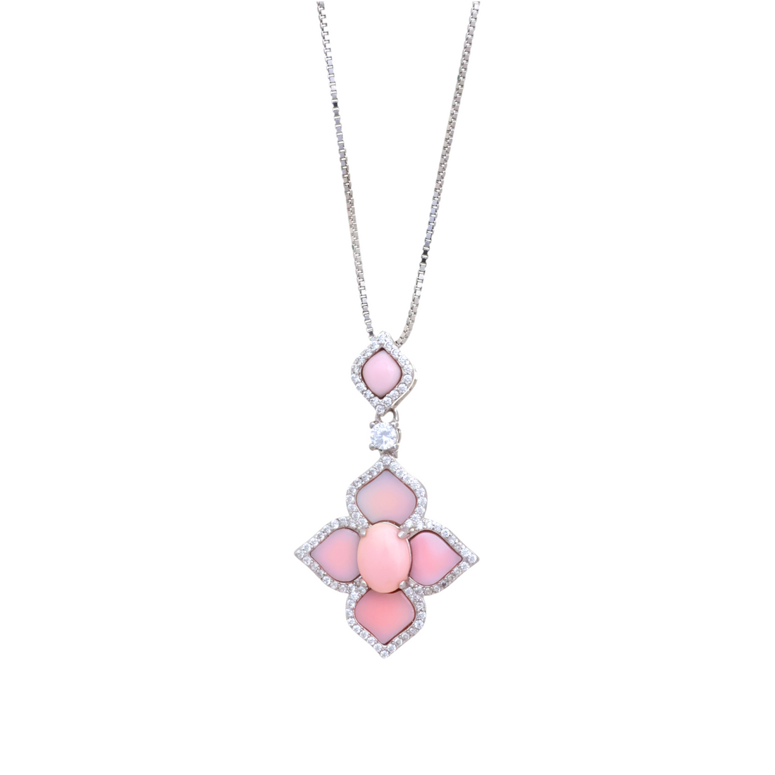 A sterling silver pendant necklace with blush pink floral-shaped stones surrounded by clear pave accents on a white background.