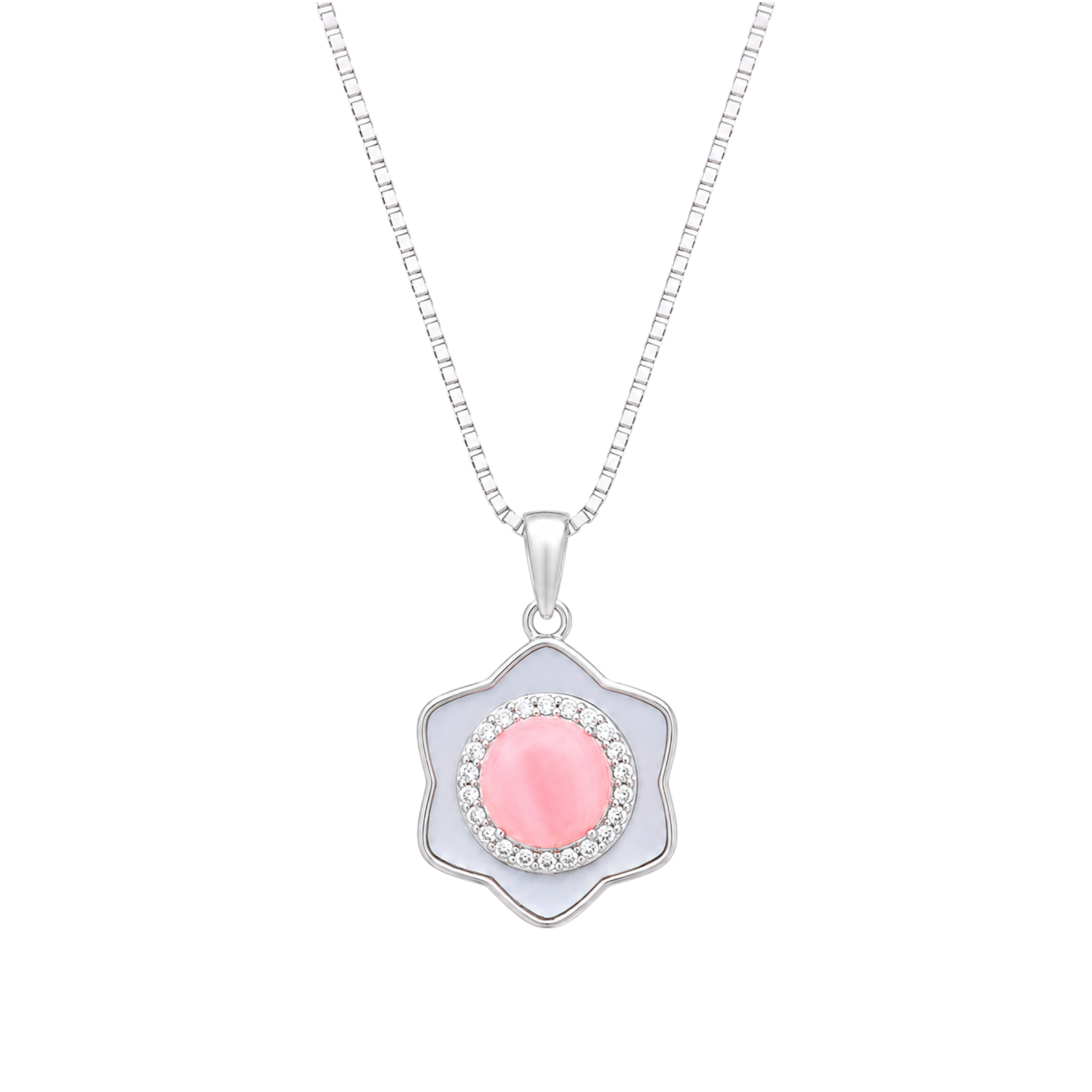 A silver pendant necklace featuring a six-petaled flower frame with a white background, centered around a pink cabochon encircled by clear sparkling stones.
