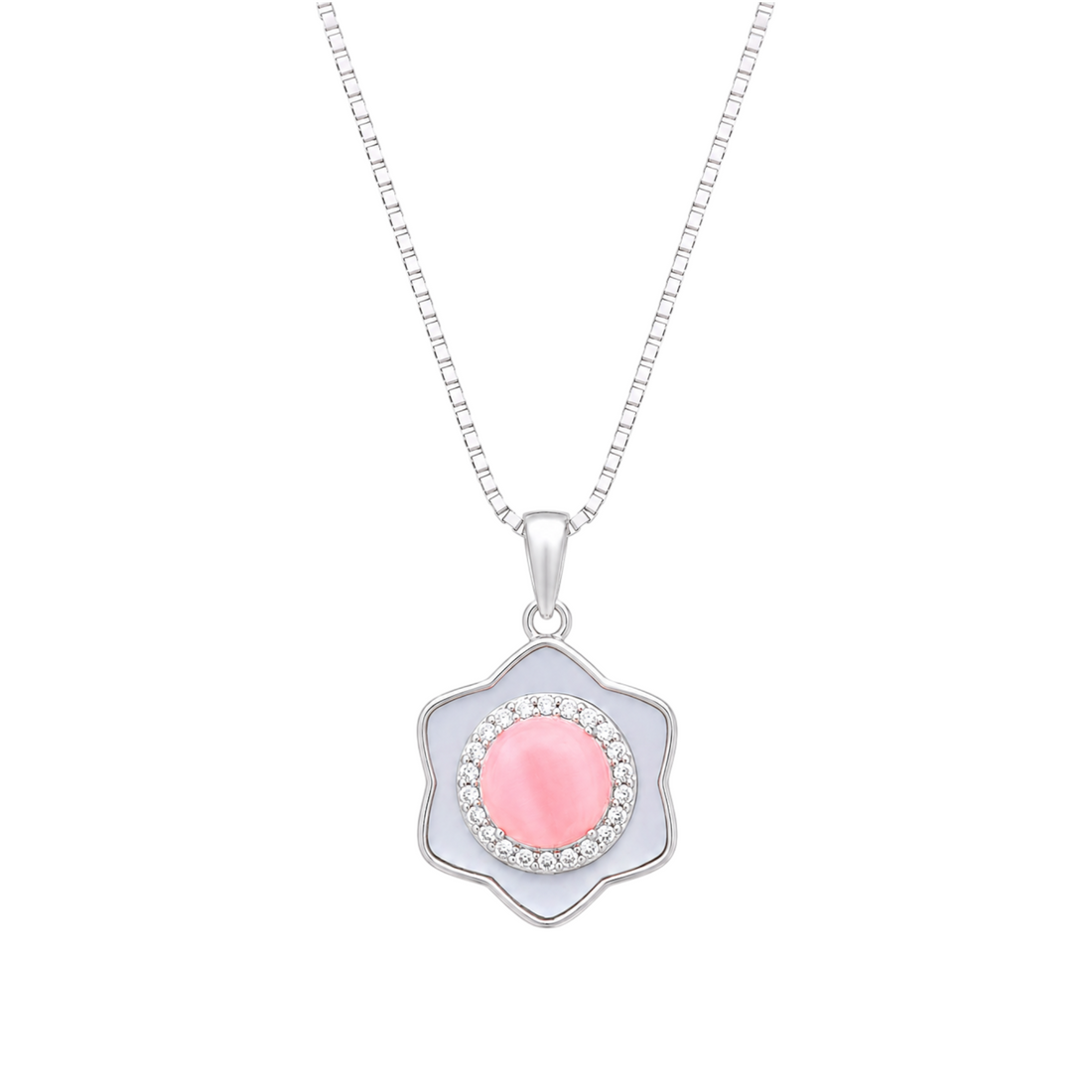 A silver pendant necklace featuring a six-petaled flower frame with a white background, centered around a pink cabochon encircled by clear sparkling stones.