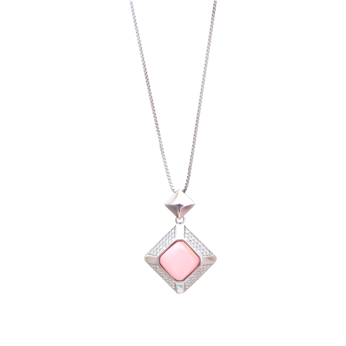 Silver box chain necklace with a geometric diamond-shaped pendant holding a square pink stone encircled by a pave cz crystal halo.