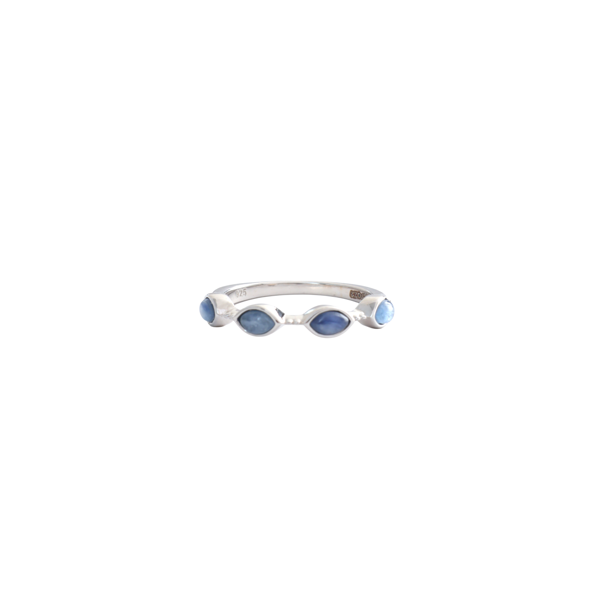 Four marquise kyanite blue stones bezel set sequentially along a slender silver ring band.