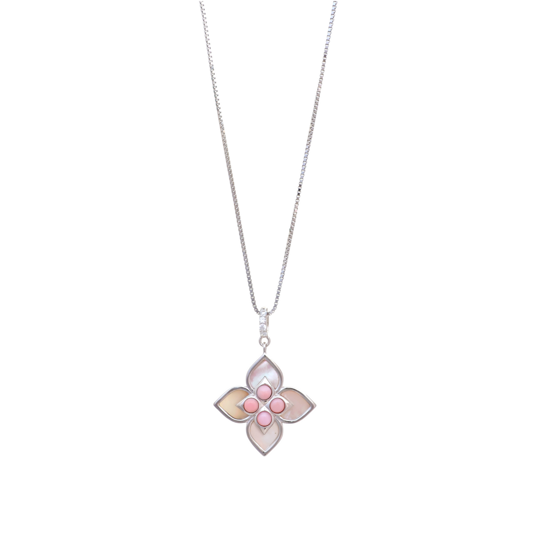 Silver chain necklace with a four-petal flower pendant set with pink cabochons and mother-of-pearl inlay.