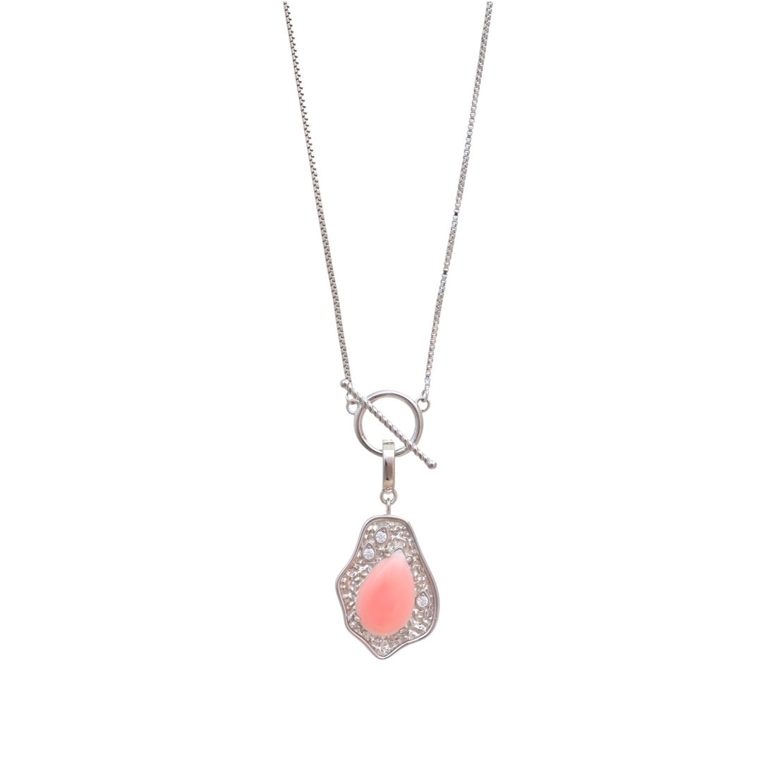 Silver-tone necklace with a toggle bar closure holding a textured pendant frame set with a teardrop pink stone.
