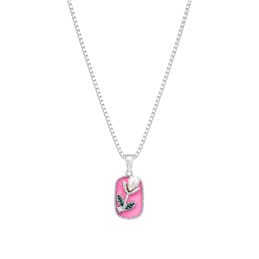 Silver box chain necklace with a rectangular pink enamel pendant featuring a pearl floral bloom motif.
