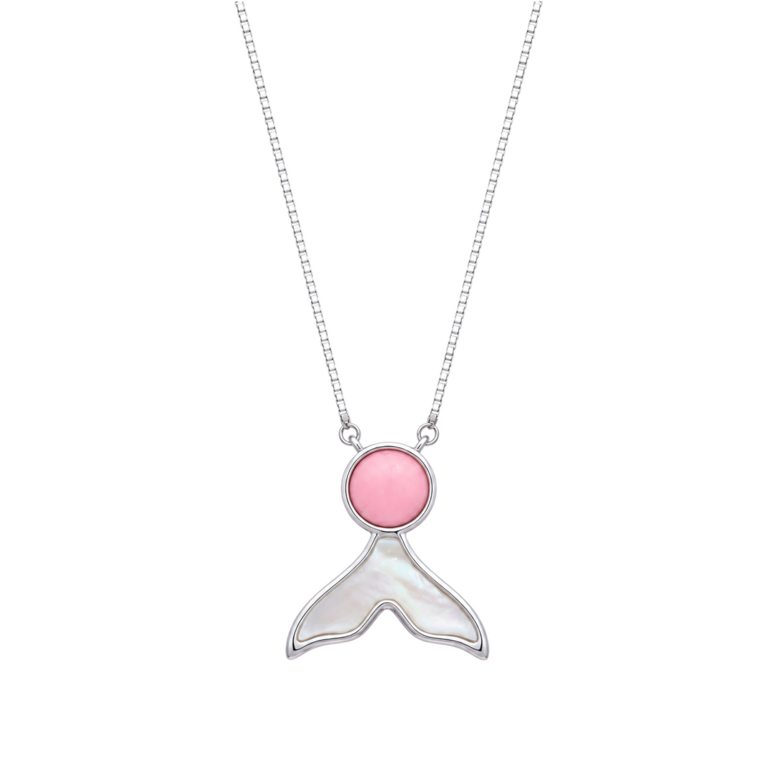 Silver chain necklace featuring a mermaid tail pendant with a round pink stone and mother-of-pearl fin.