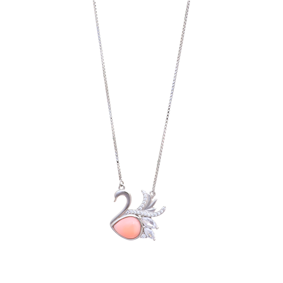 Silver-tone swan pendant necklace featuring a heart-shaped pink stone body and pave crystal wings.