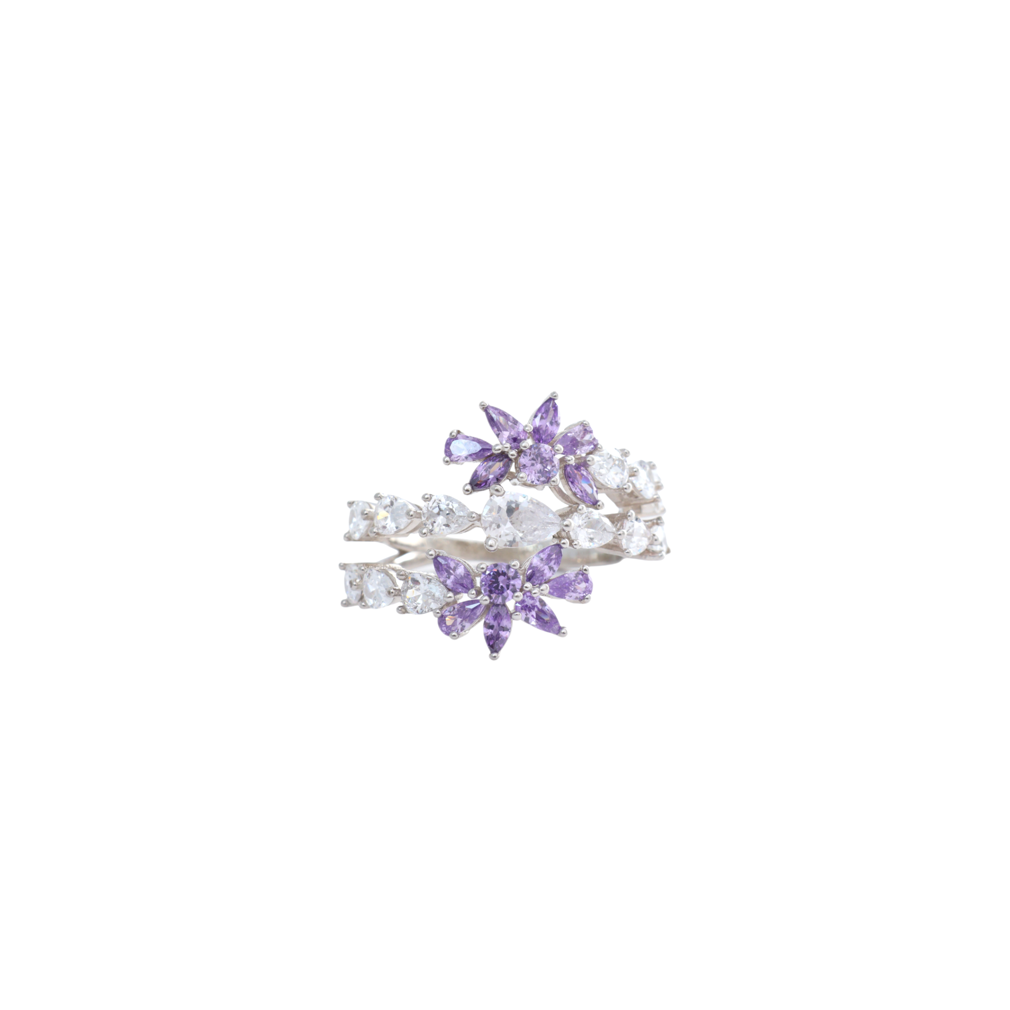 Silver bypass ring featuring two sparkling lavender marquise-petal flower blossoms.