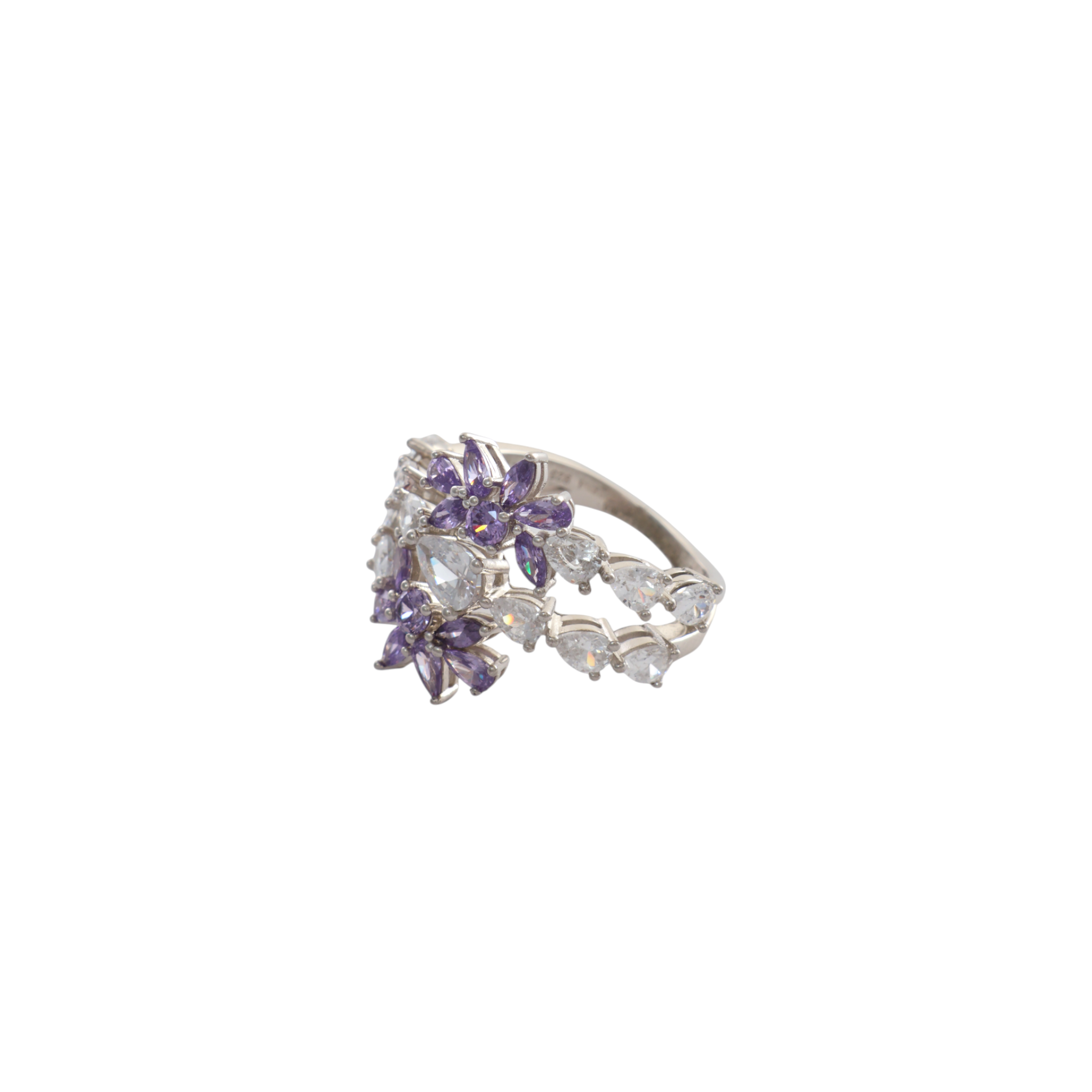 Silver bypass ring featuring two sparkling lavender marquise-petal flower blossoms.