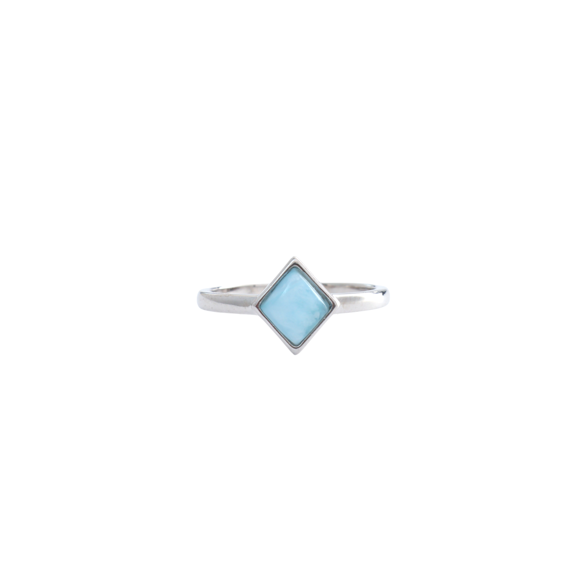 Diamond-shaped light blue larimar cabochon stone in a bezel setting on a simple silver band.