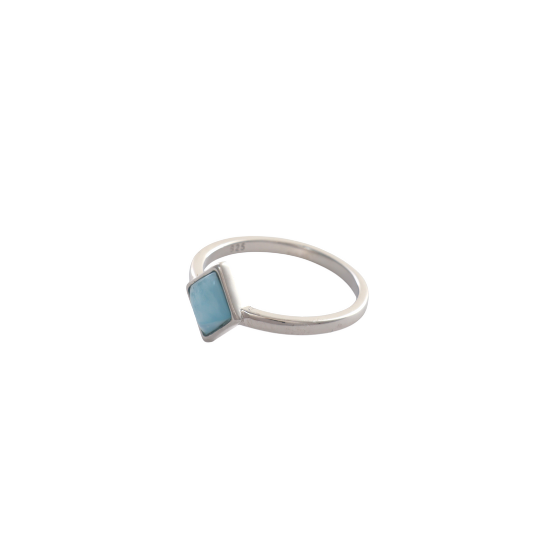 Diamond-shaped light blue larimar cabochon stone in a bezel setting on a simple silver band.
