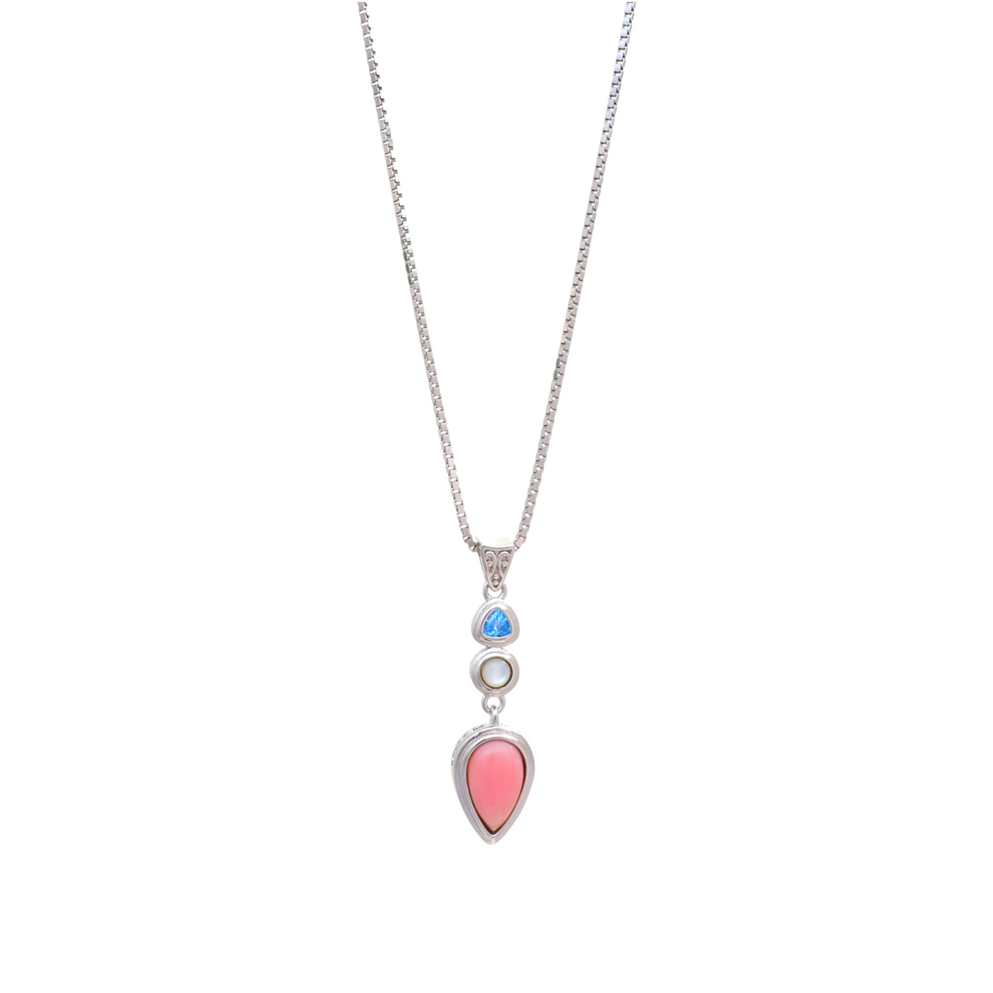 Silver chain necklace featuring a vertical drop pendant with a blue gem, white bead, and pink teardrop stone.