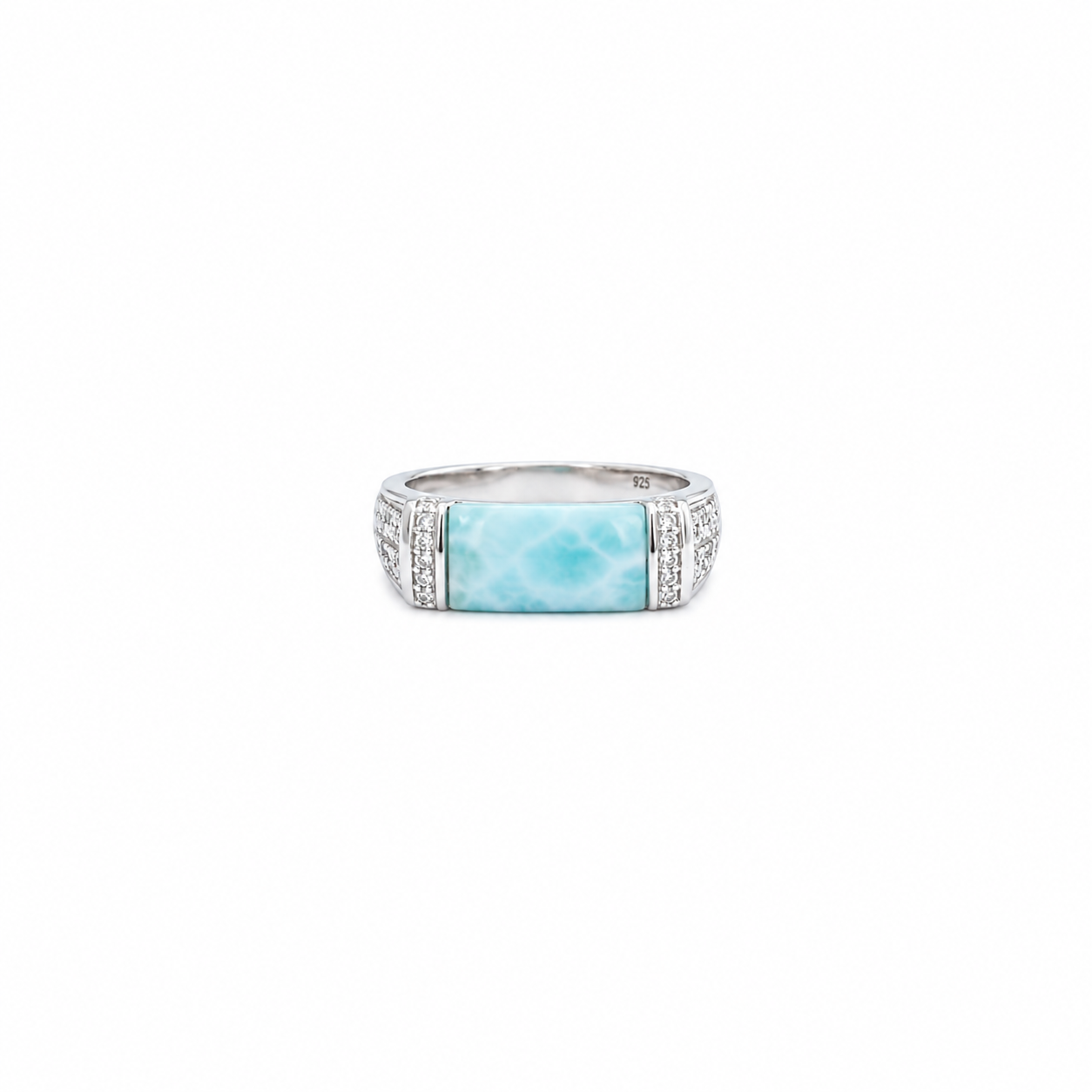 Horizontal bar setting containing light blue patterned larimar stone flanked by pave bars.