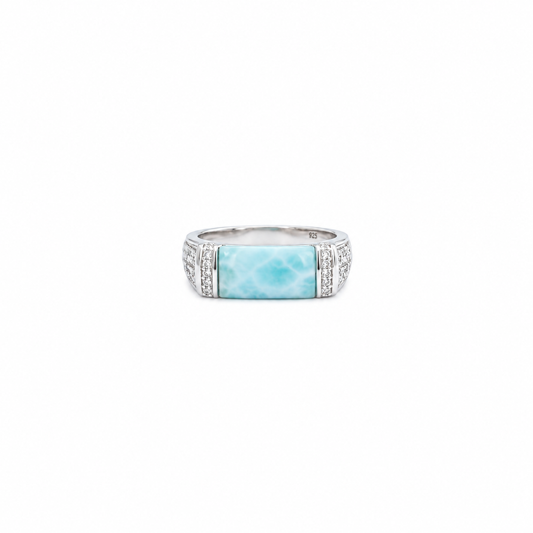 Horizontal bar setting containing light blue patterned larimar stone flanked by pave bars.