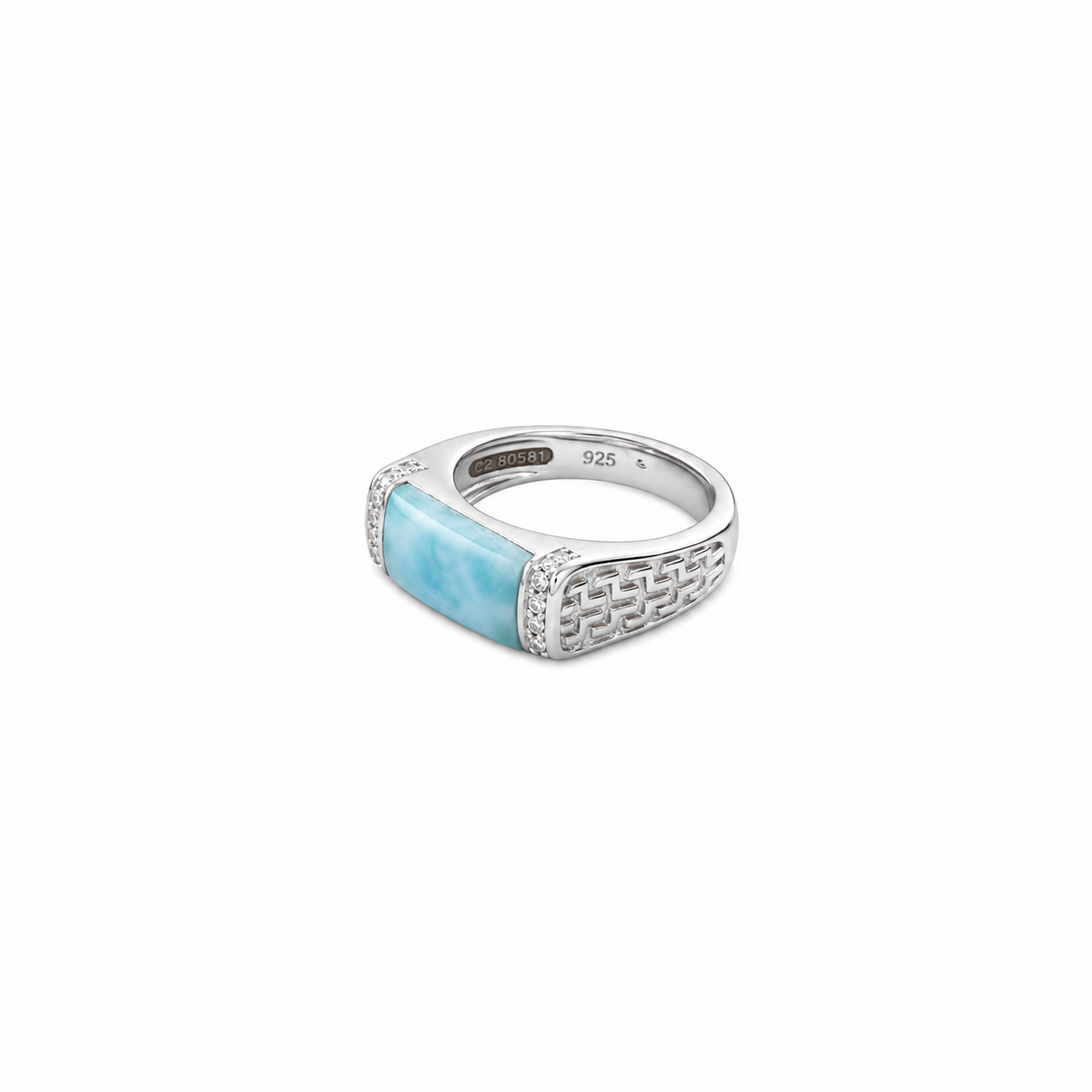 Horizontal bar setting containing light blue patterned larimar stone flanked by pave bars.