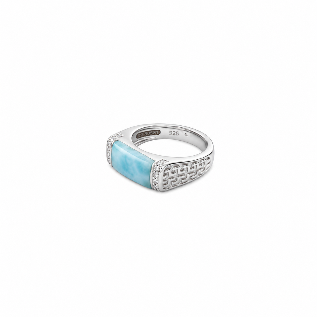 Horizontal bar setting containing light blue patterned larimar stone flanked by pave bars.