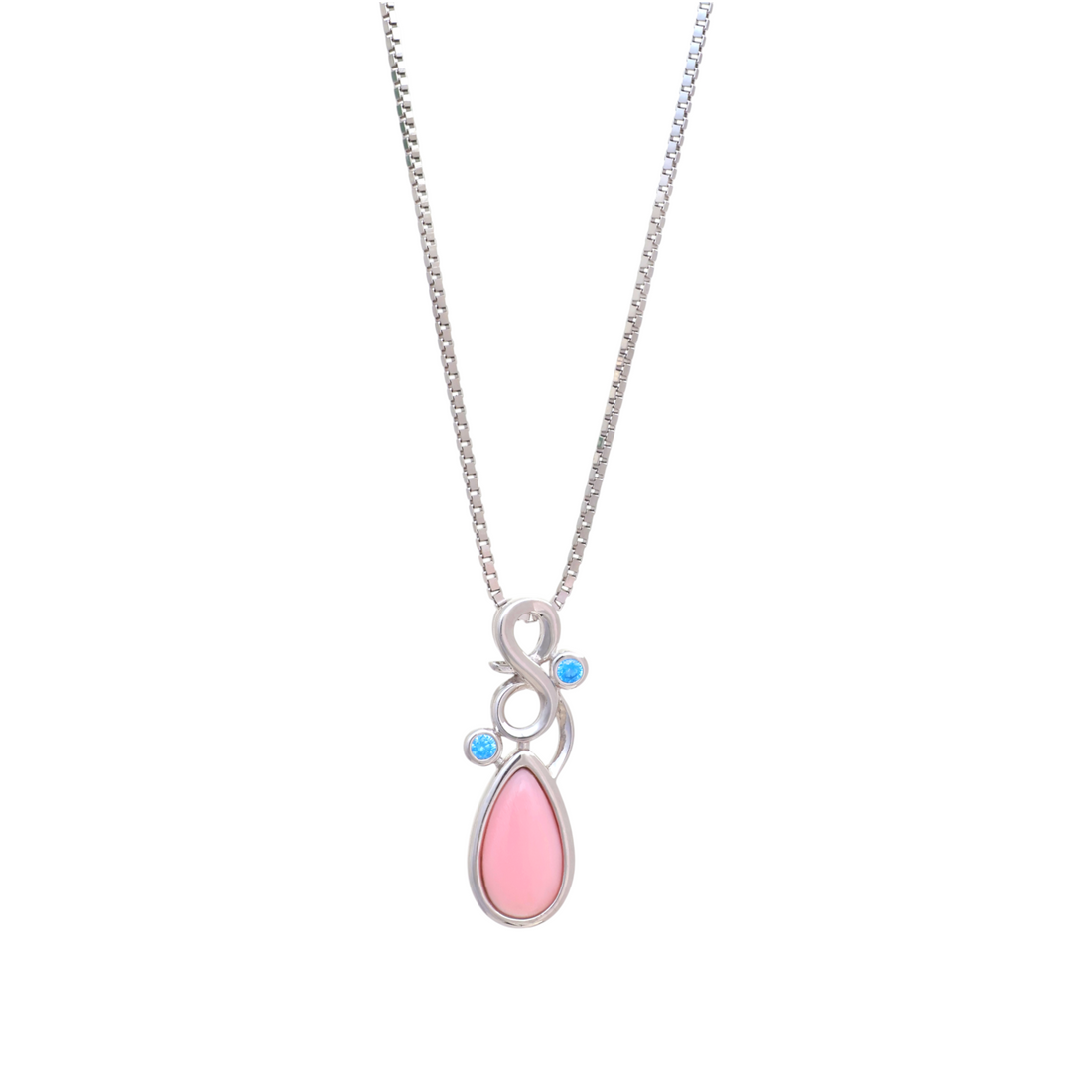 Silver chain necklace featuring an infinity loop bail with blue stones holding a teardrop pink cabochon.