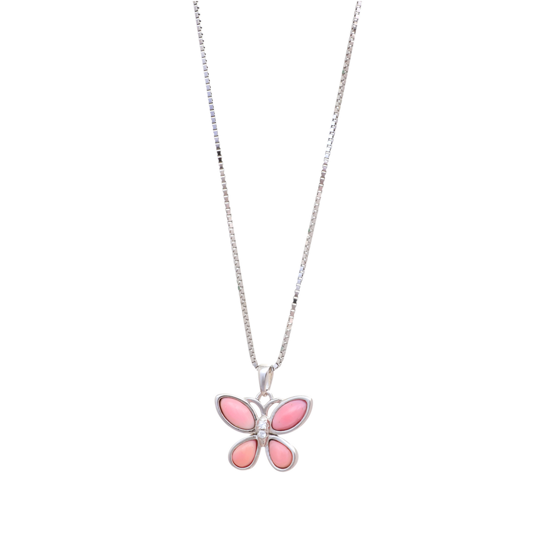 Silver chain necklace with a butterfly pendant made of four pink stones and a clear pavé body.