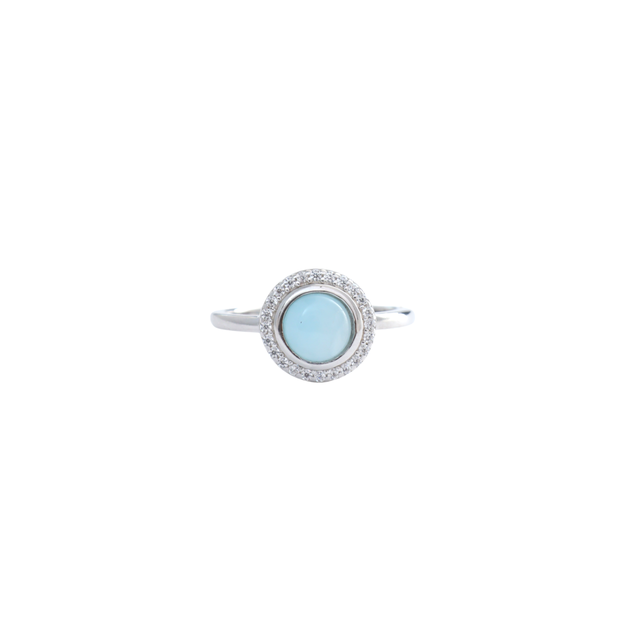 Smooth round sky-blue larimar stone encircled by a radiant pave cz halo on a thin silver band.