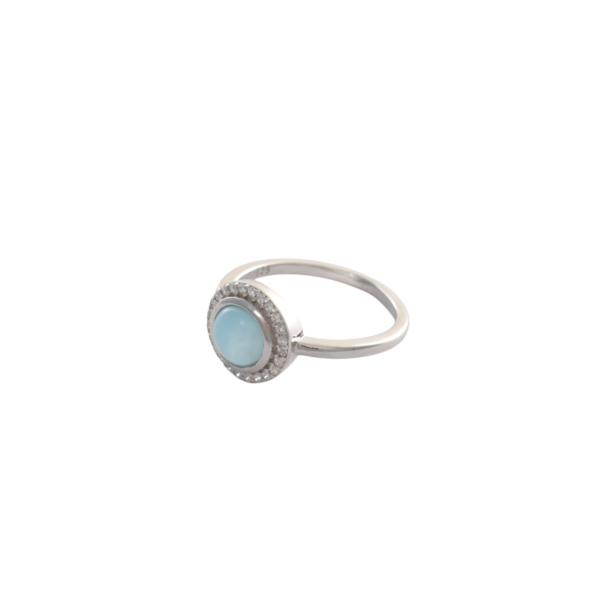 Smooth round sky-blue larimar stone encircled by a radiant pave cz halo on a thin silver band.