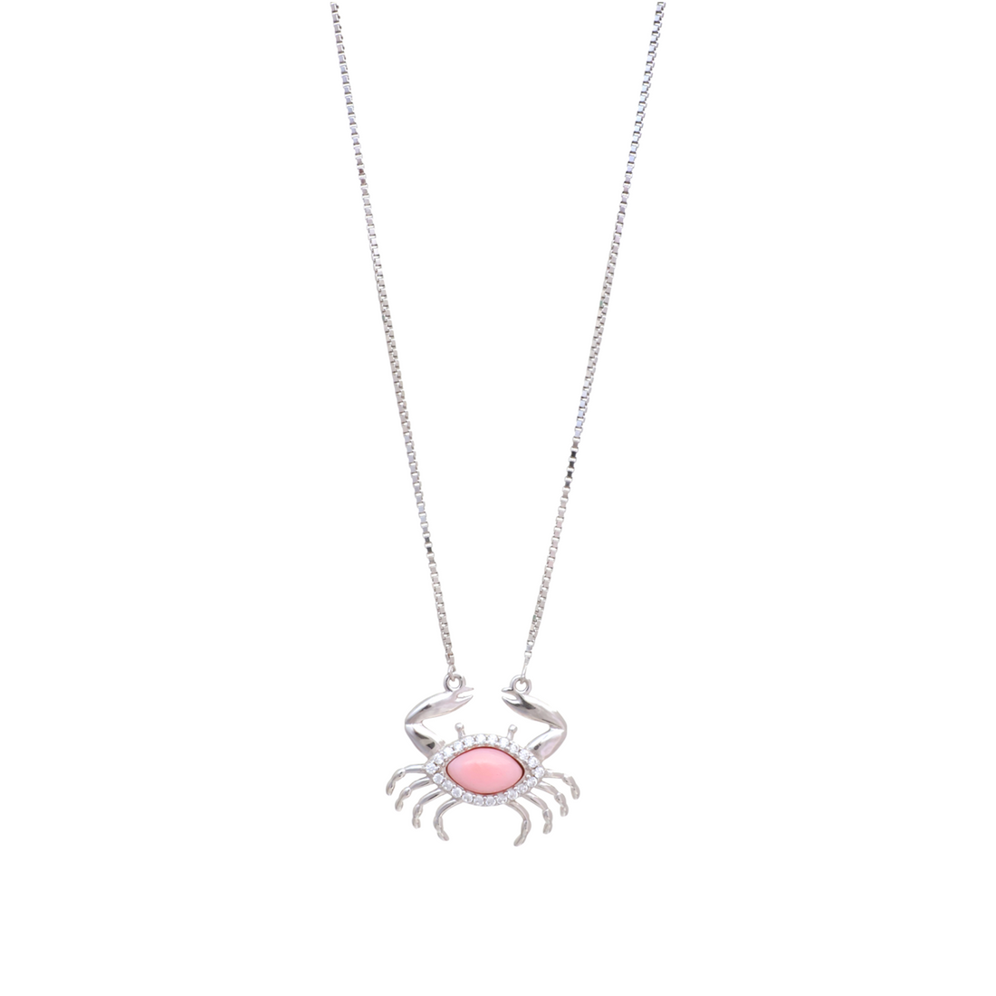 Silver chain necklace with a crab pendant set with a pink center stone and pave halo border.
