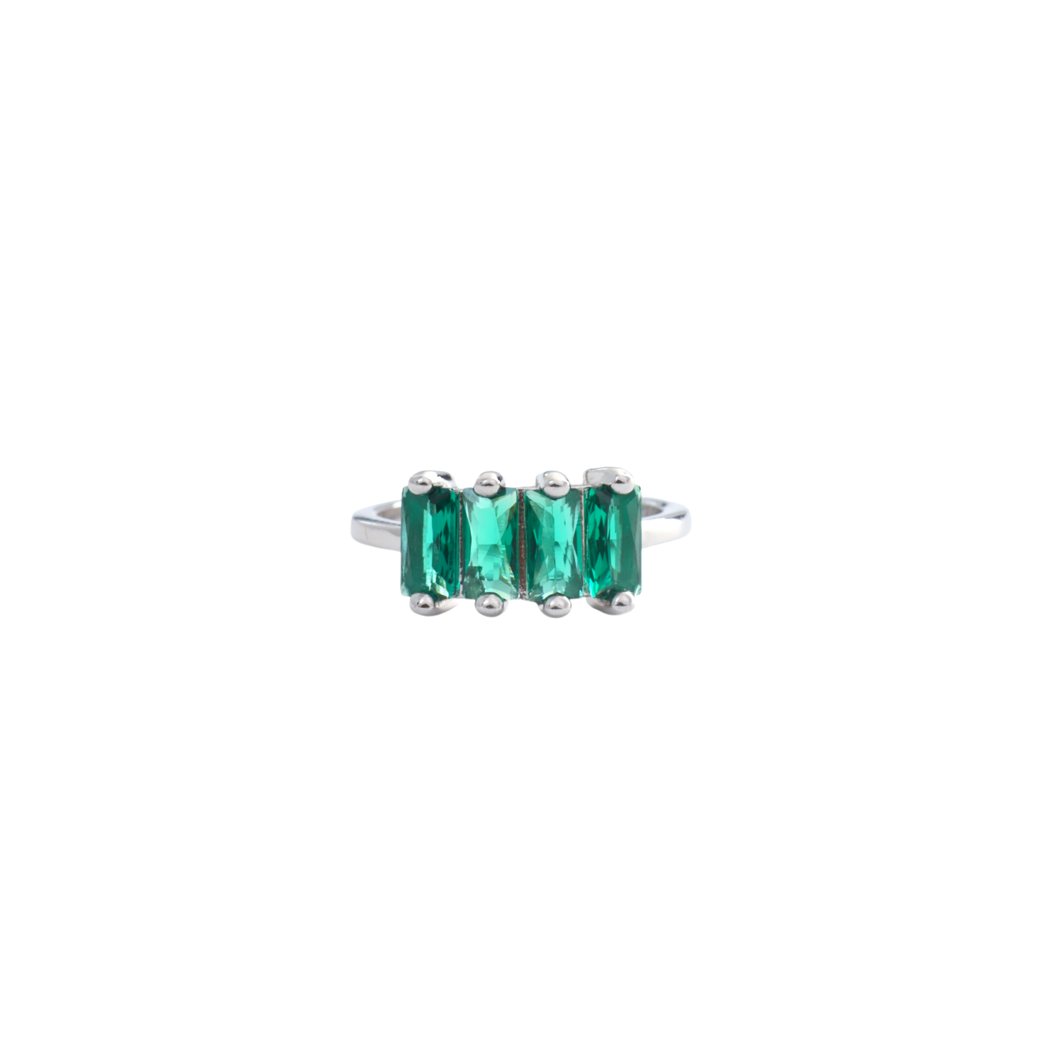 Four emerald green vertical baguette cut stones set side by side in a silver ring.