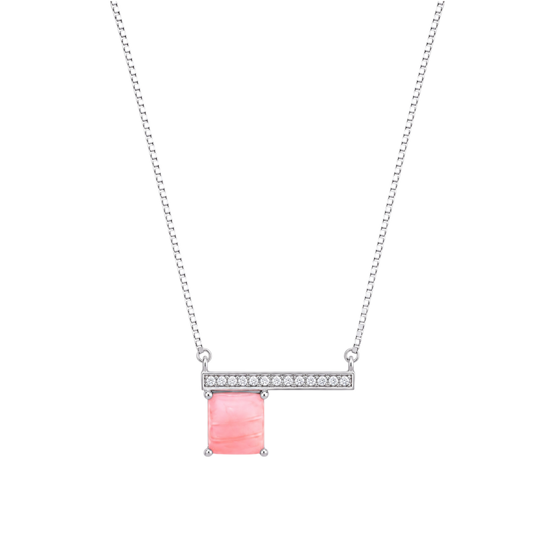 Silver chain necklace featuring a horizontal pave bar with a square pink stone hanging beneath it.