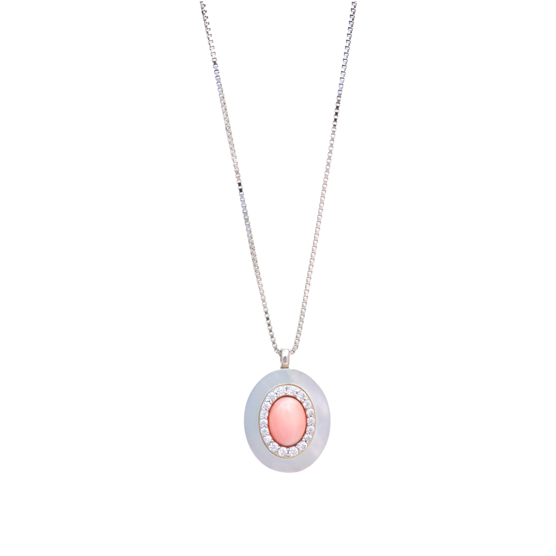 Silver chain necklace featuring an oval mother-of-pearl disc enclosing a paved halo and pink stone center.