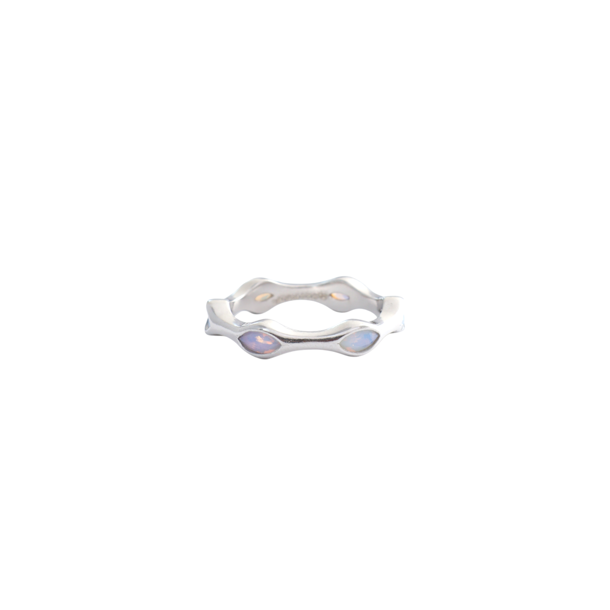 Sinuous wavy sterling silver band bezel set with glowing marquise opalescent stones.