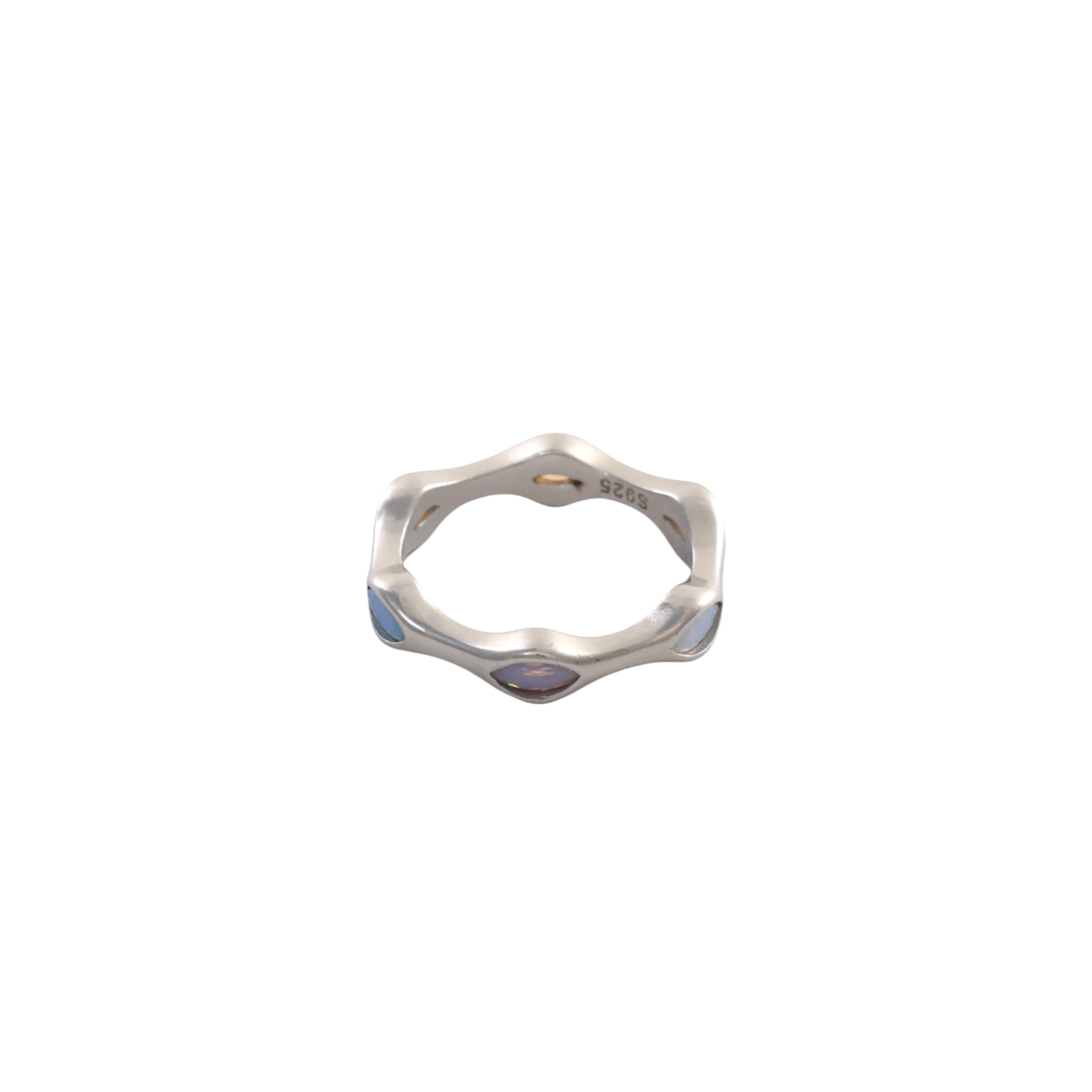 Sinuous wavy sterling silver band bezel set with glowing marquise opalescent stones.