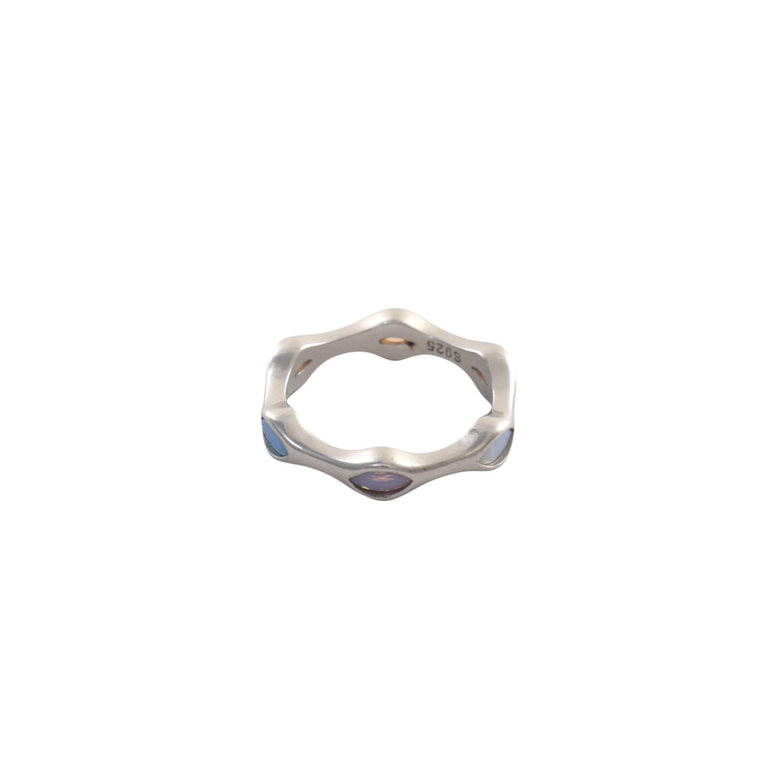 Sinuous wavy sterling silver band bezel set with glowing marquise opalescent stones.