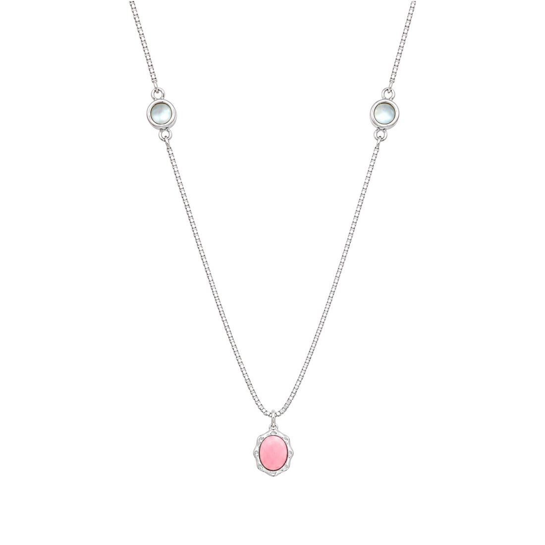 Silver station chain necklace featuring bezel mother-of-pearl links and a scalloped pink oval pendant.
