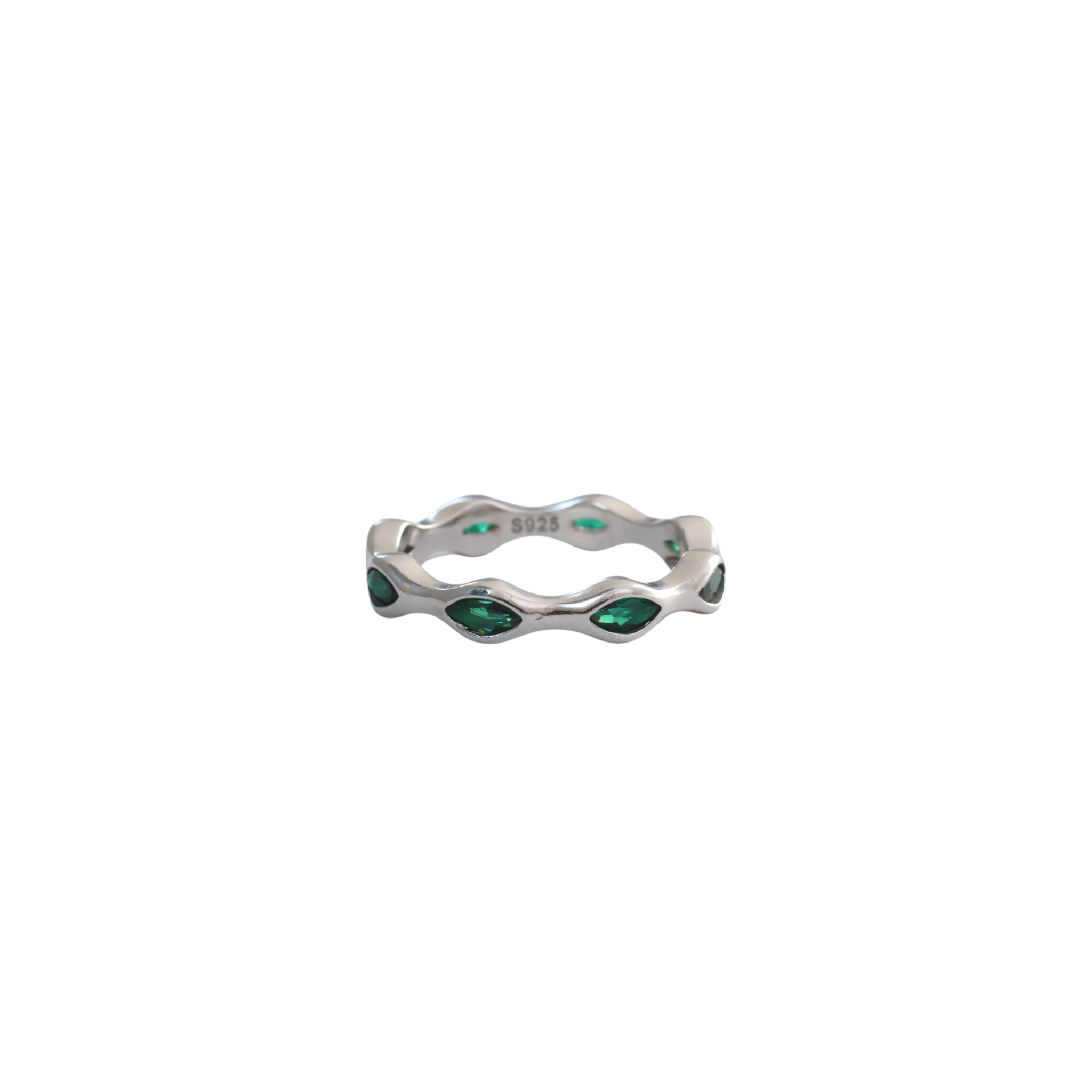 Fluid wavy silver eternity style band set with brilliant emerald green marquise gemstones.