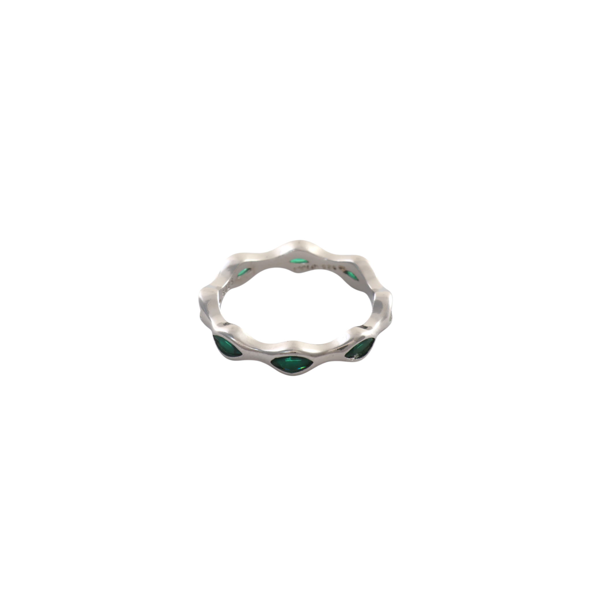 Fluid wavy silver eternity style band set with brilliant emerald green marquise gemstones.