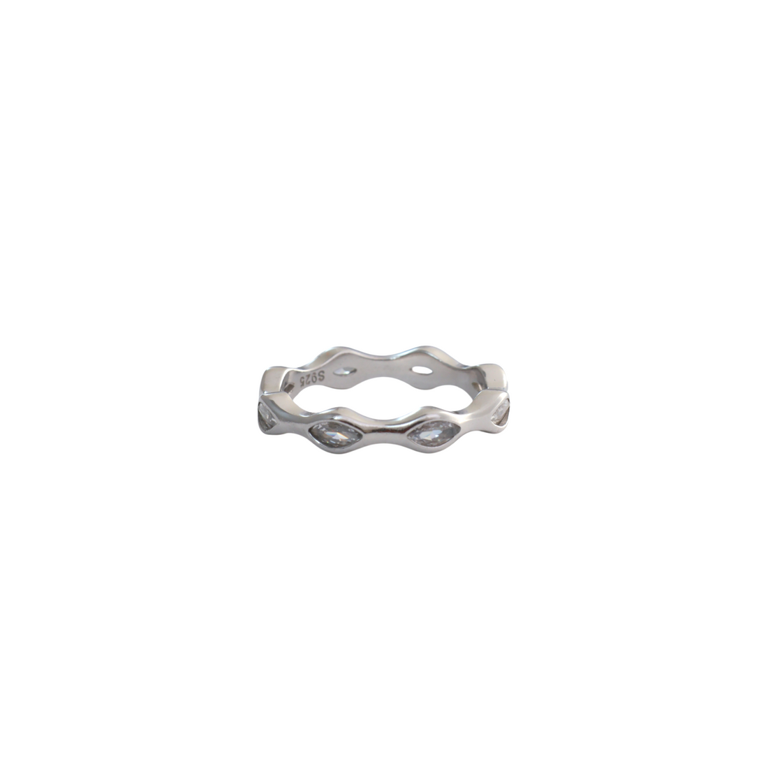 Wavy silver eternity band set with brilliant clear marquise cz stones throughout.