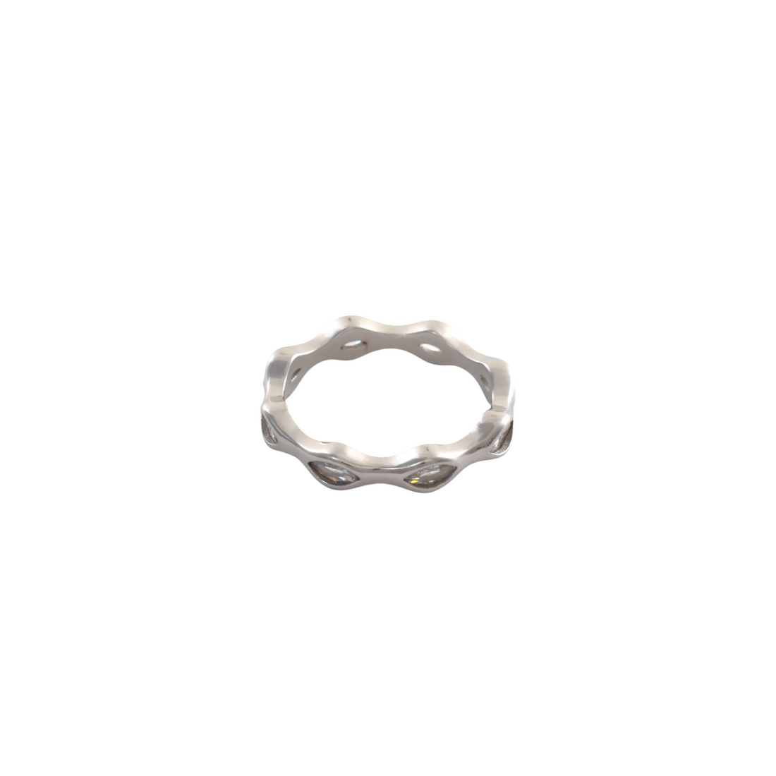 Wavy silver eternity band set with brilliant clear marquise cz stones throughout.
